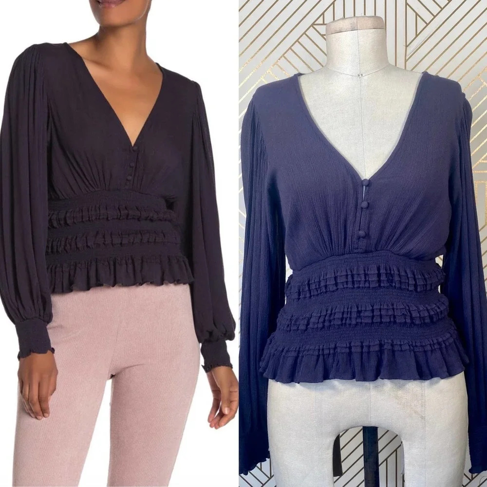 Pookie & Sebastian‎ Smocked Bell Sleeve Top in Navy